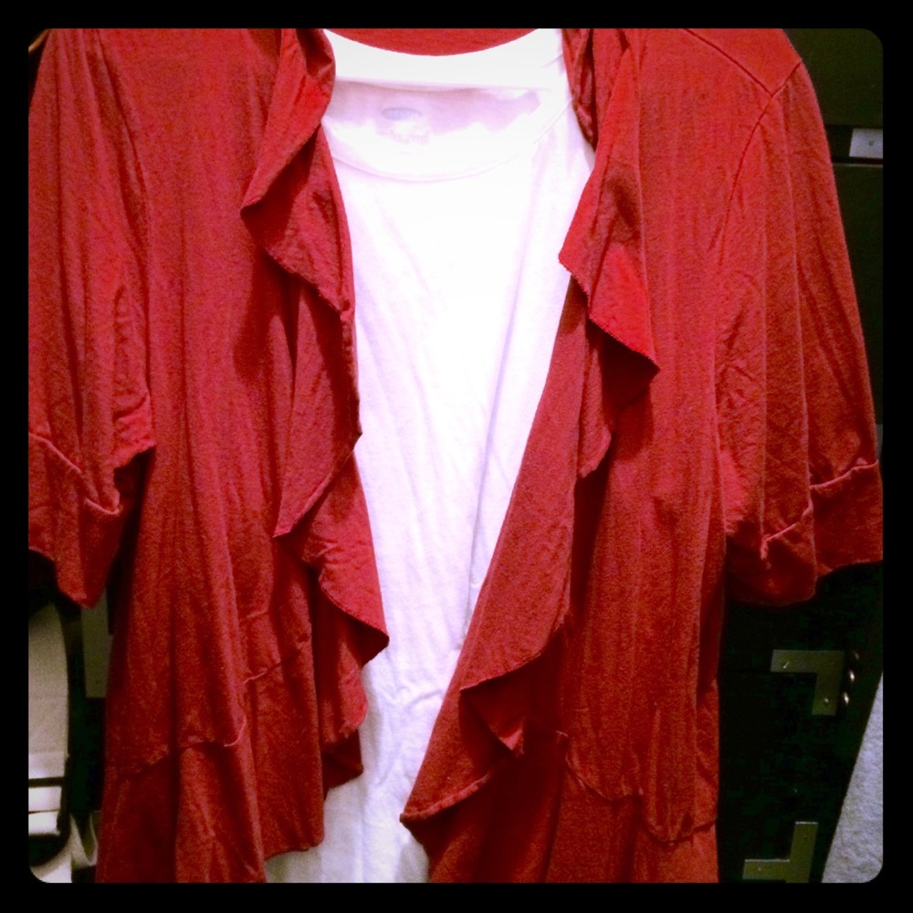 Red ruffle cardigan blouse